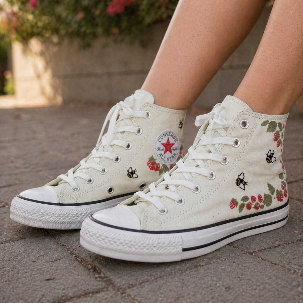 Converse CTAS Girls 3 Hi-Top Floral Embroidered Bee Strawberries Coquette Shoes